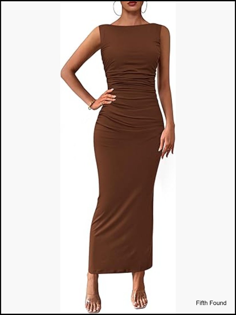 Sleeveless Bodycon Midi Dress Ruched Side Back Slit Boat Neck